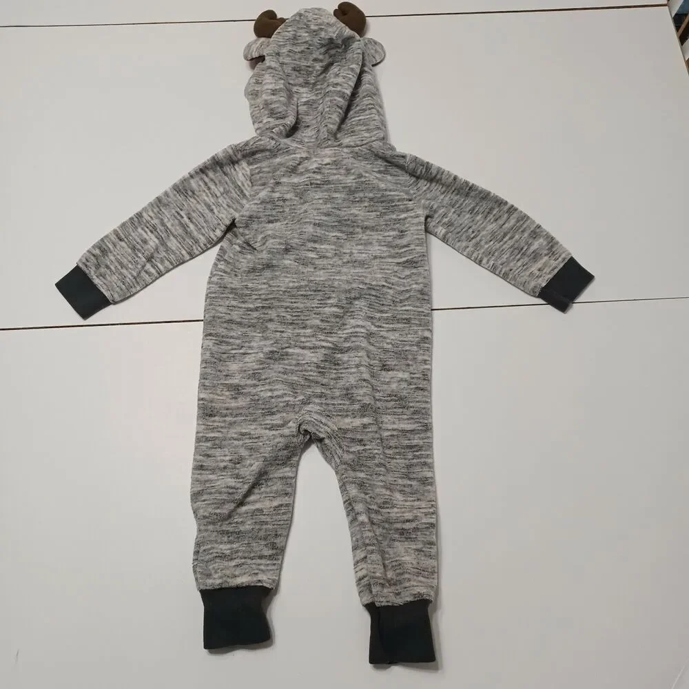 Cat & Jack Baby 12M‎ Romper Gray Heathered Stretch Buffalo Plaid Ears Horns Zip